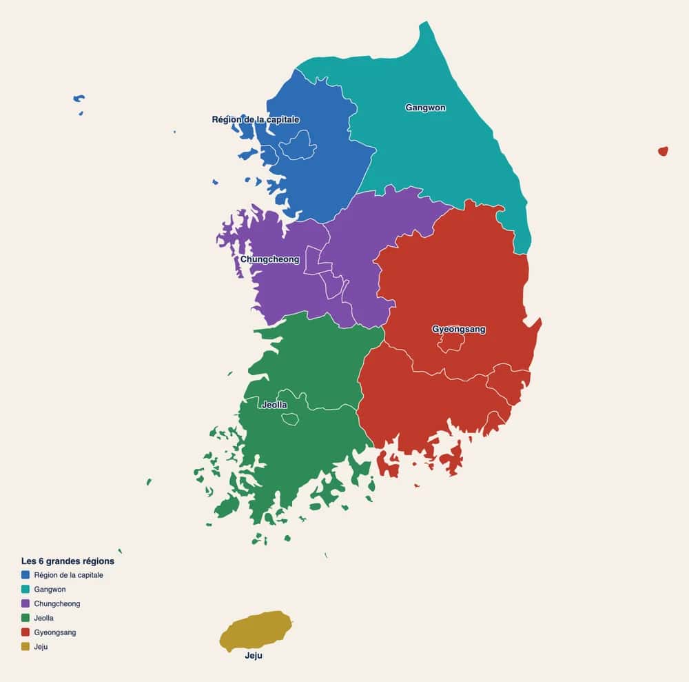 Carte des régions et provinces de la Corée du Sud, avec les six grandes régions en couleurs