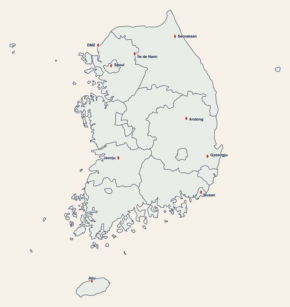 Carte touristique de la Corée du Sud situant Séoul, la DMZ, Gyeongju, Jeonju, Busan et l'île de Jeju