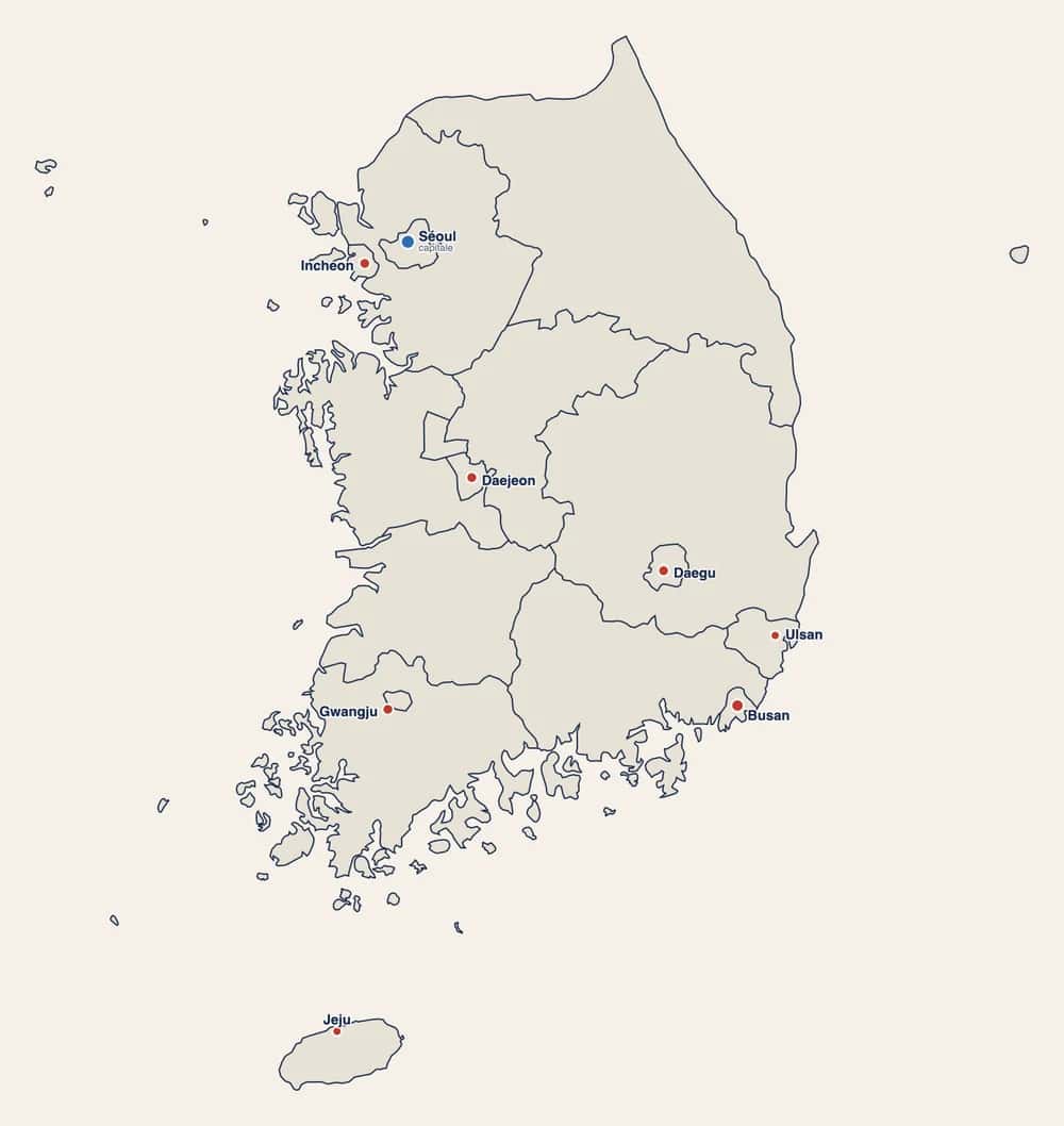 Carte des villes de Corée du Sud : Séoul, Busan, Incheon, Daegu, Daejeon, Gwangju, Ulsan et Jeju