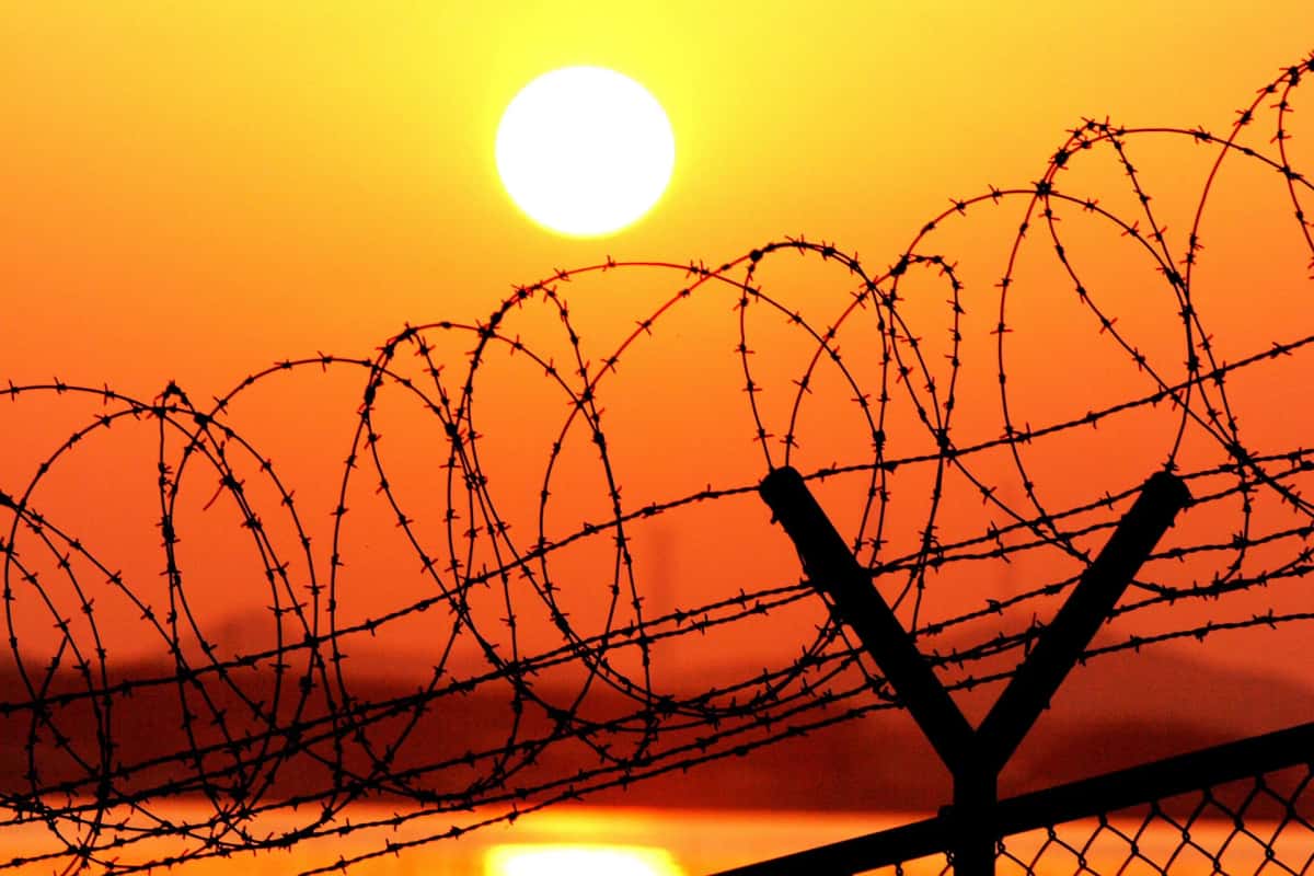Clôture de barbelés au coucher du soleil en Corée du Sud