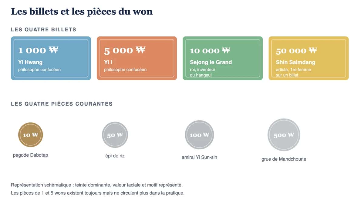 Les billets de 1 000, 5 000, 10 000 et 50 000 wons et les pièces de la monnaie de la Corée du Sud